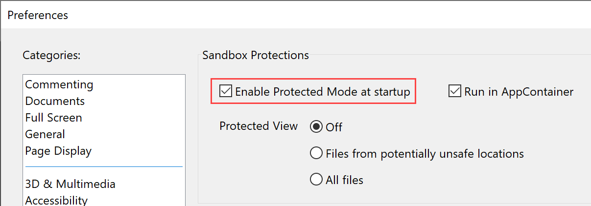 Disabling Protected Mode in Adobe Acrobat Reader